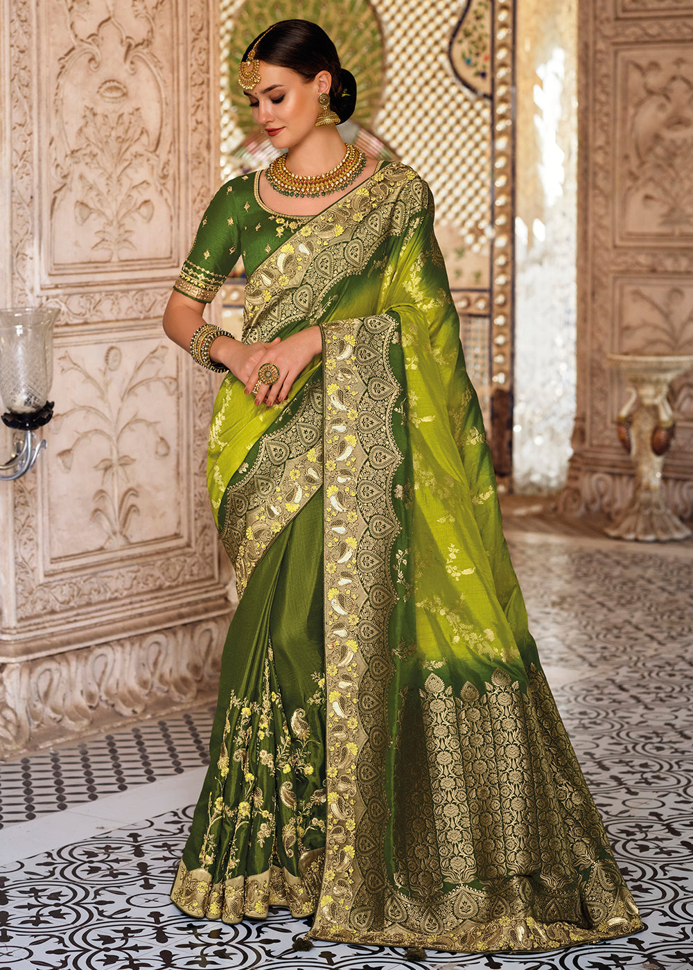 Shades Of Green Banarasi Silk Saree with Embroidered work: Top Pick