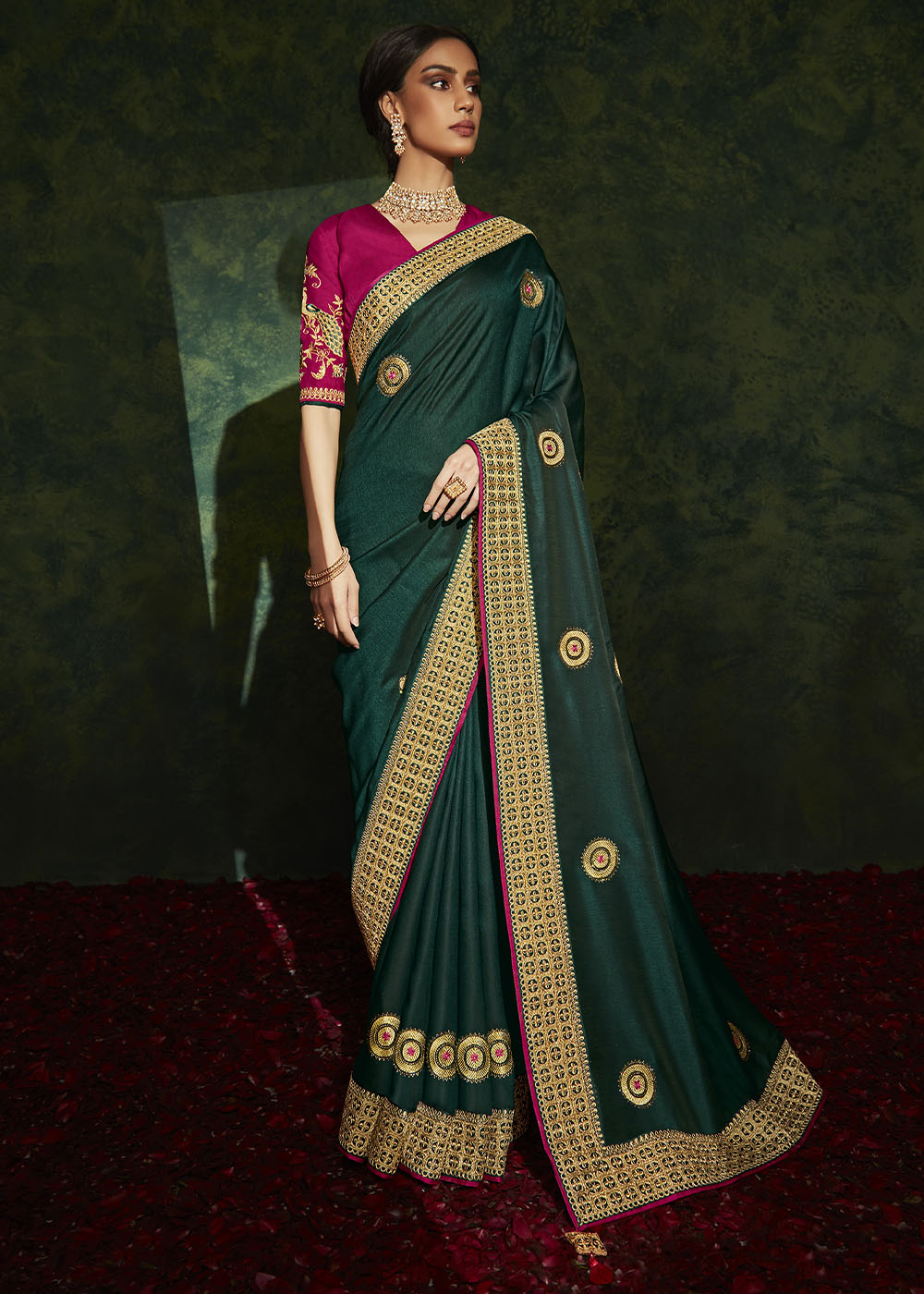 Sacramento Green Designer Silk Saree with Contrast Blouse