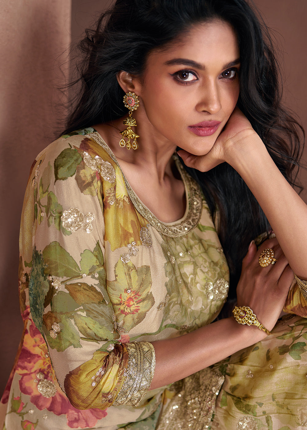 Beige Brown Floral Printed Georgette Plazzo Suit with Sequence work : Top Pick