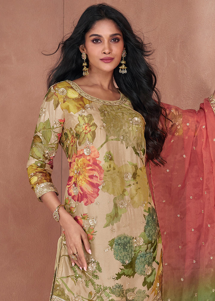 Beige Brown Floral Printed Georgette Plazzo Suit with Sequence work : Top Pick