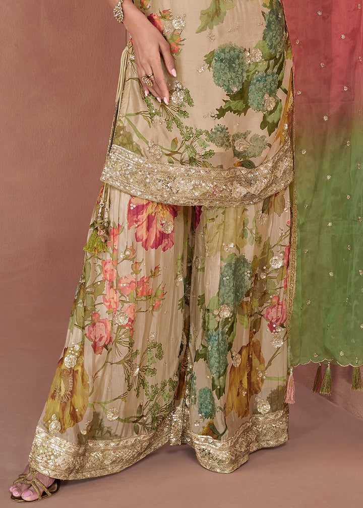 Beige Brown Floral Printed Georgette Plazzo Suit with Sequence work : Top Pick