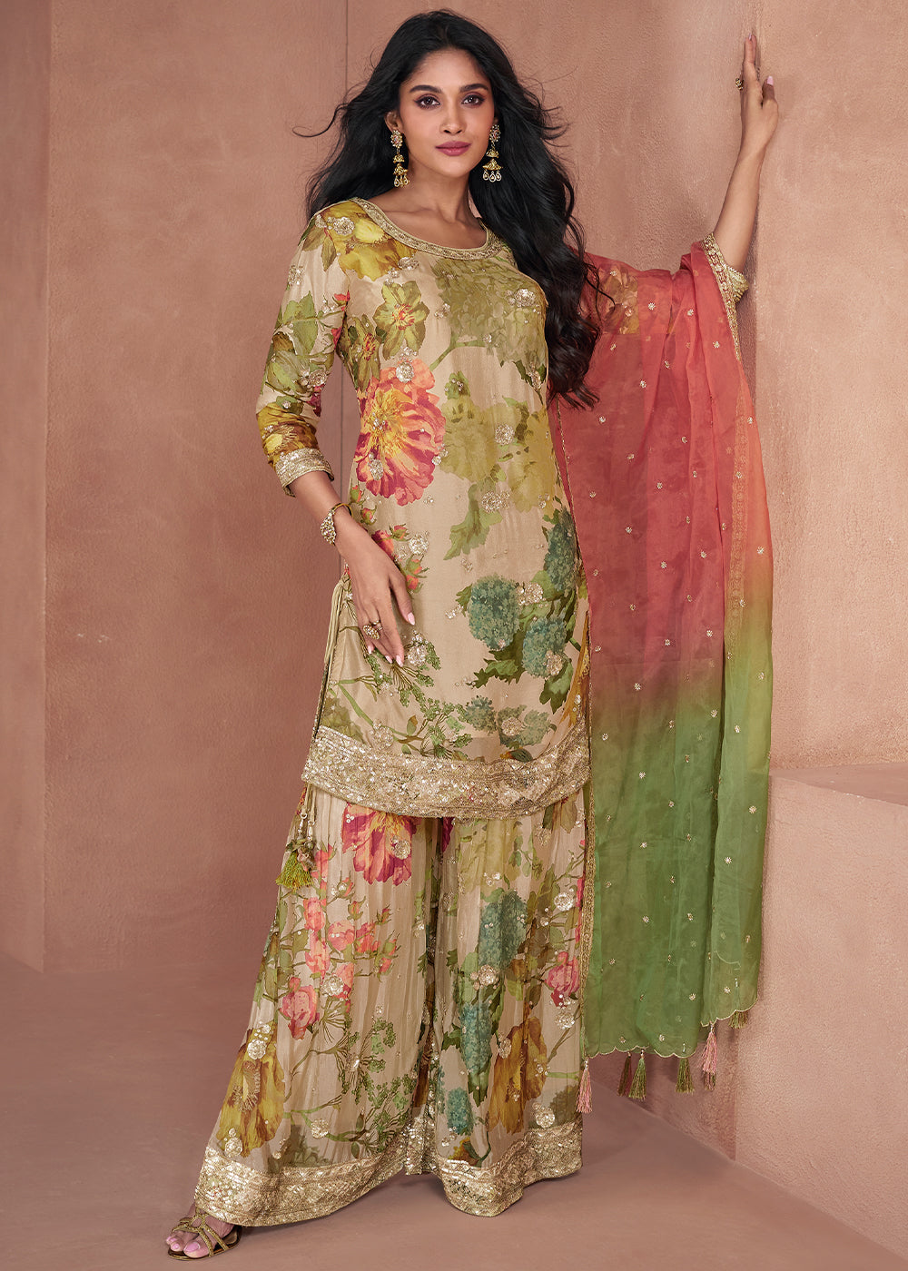 Beige Brown Floral Printed Georgette Plazzo Suit with Sequence work : Top Pick