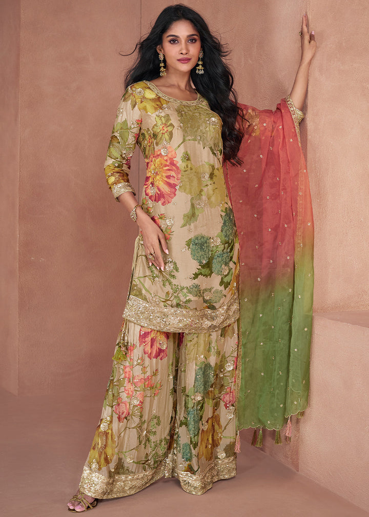 Beige Brown Floral Printed Georgette Plazzo Suit with Sequence work : Top Pick