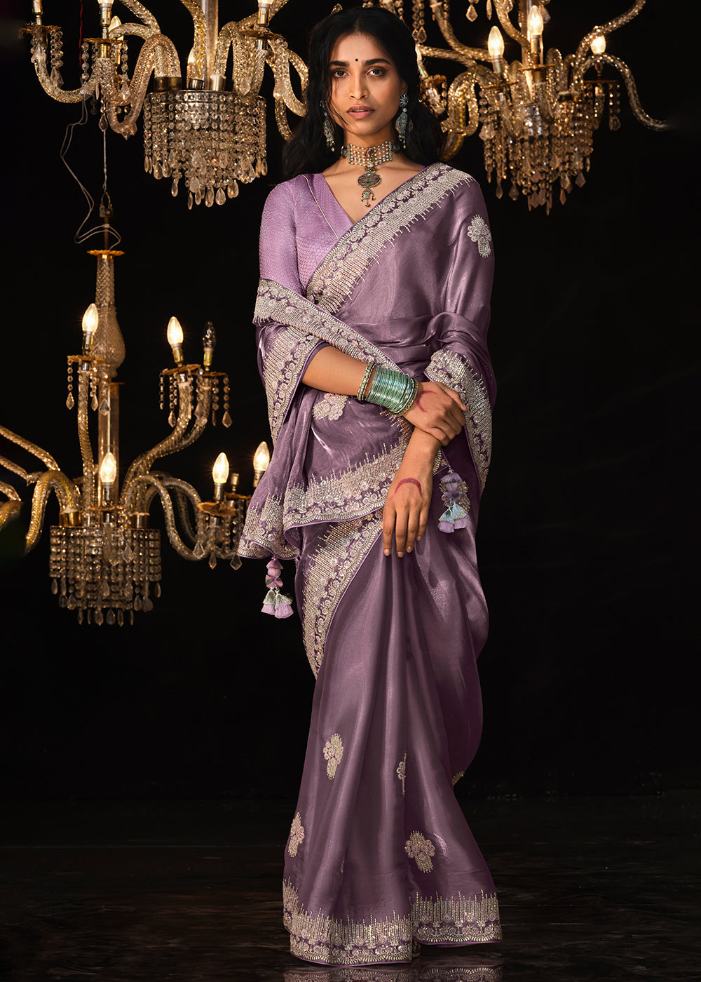 Orchid Purple Satin Silk Saree