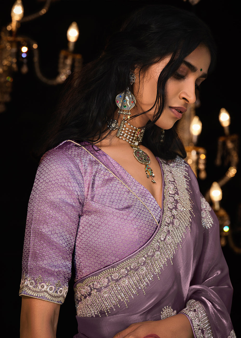 Orchid Purple Satin Silk Saree