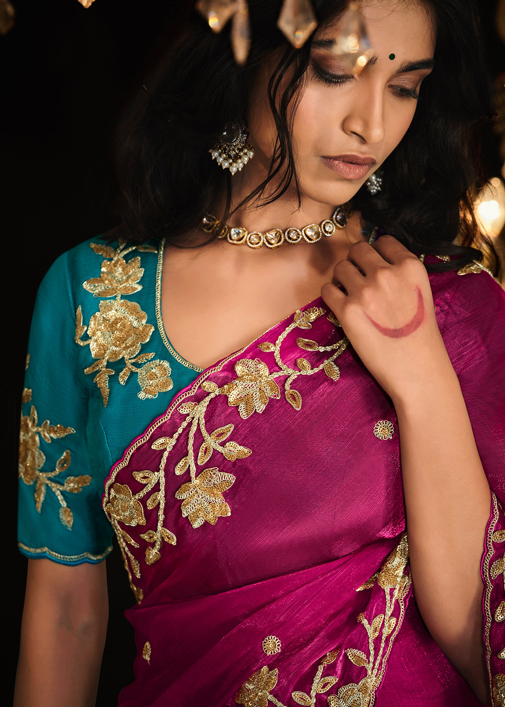 Magenta Pink Satin Silk Saree