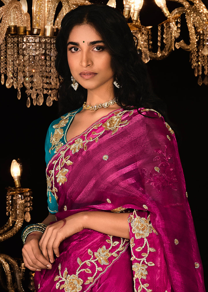 Magenta Pink Satin Silk Saree