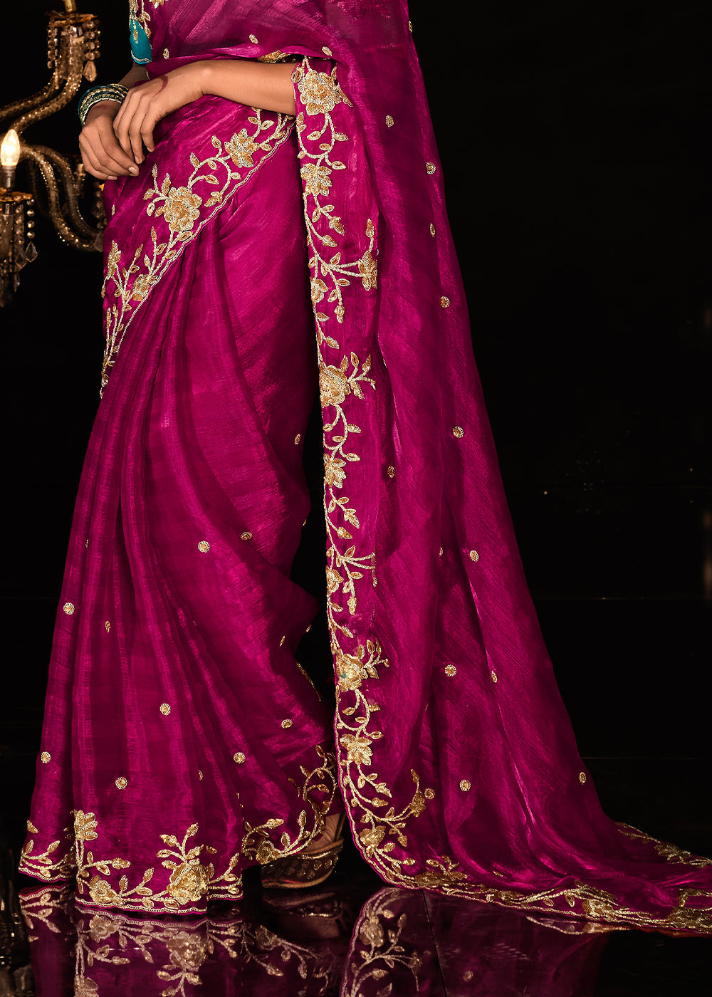 Magenta Pink Satin Silk Saree