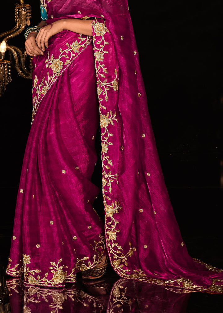 Magenta Pink Satin Silk Saree