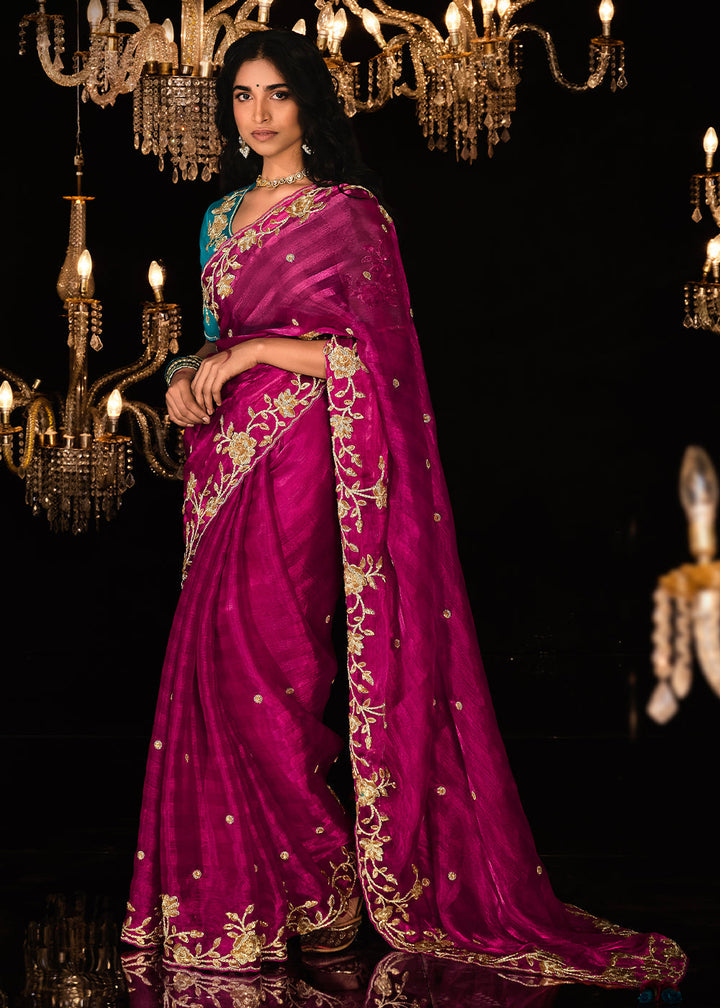 Magenta Pink Satin Silk Saree