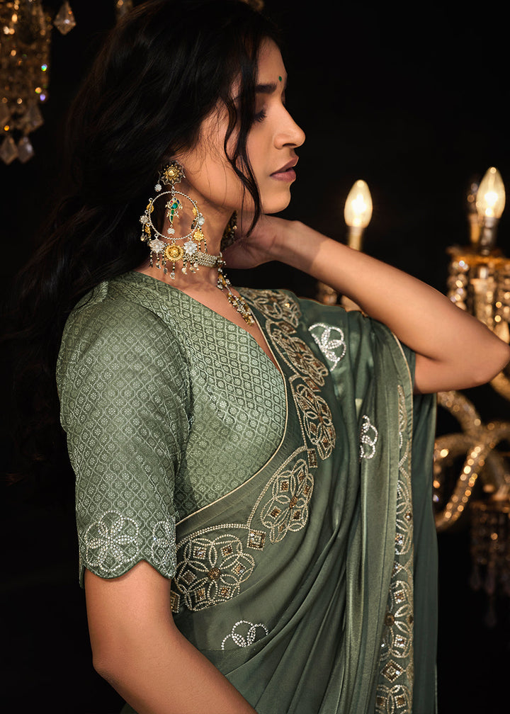 Hunter Green Satin Silk Saree