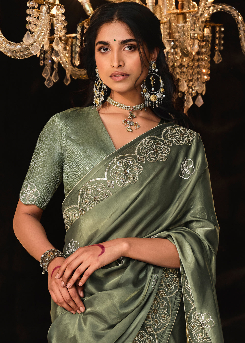 Hunter Green Satin Silk Saree