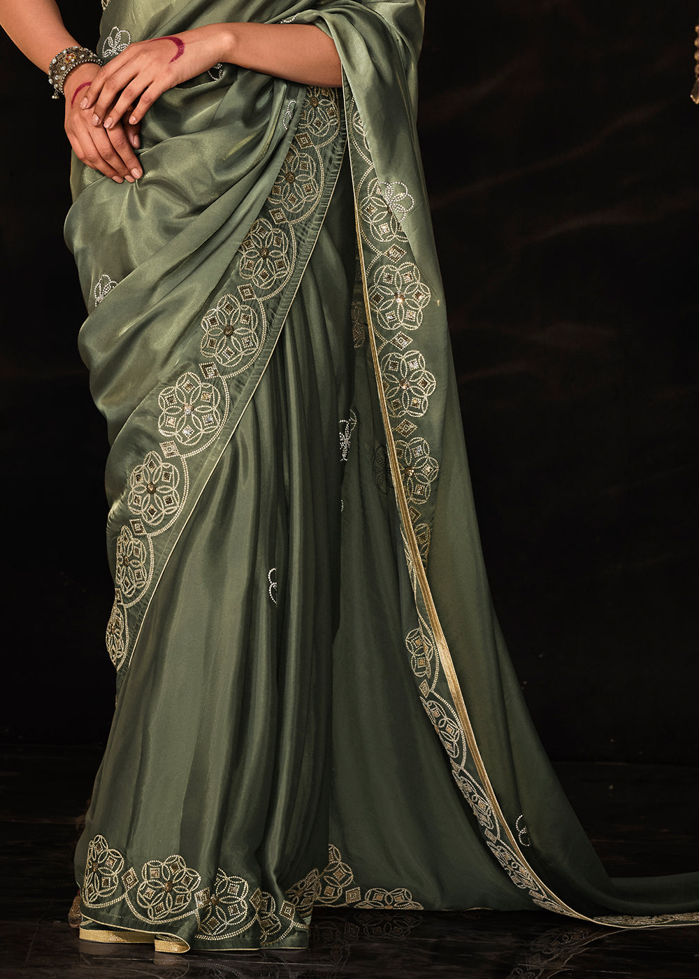 Hunter Green Satin Silk Saree