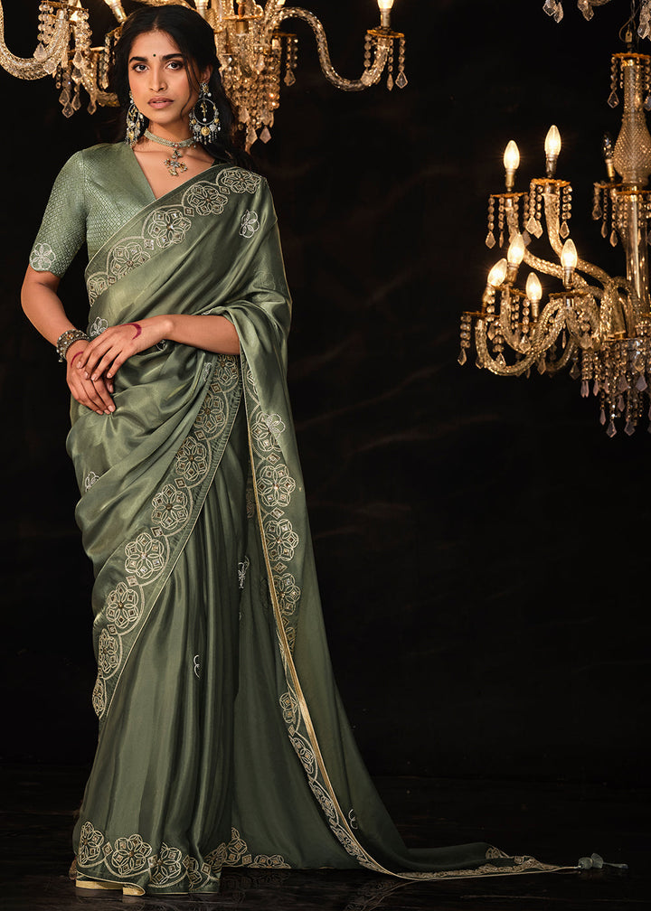Hunter Green Satin Silk Saree