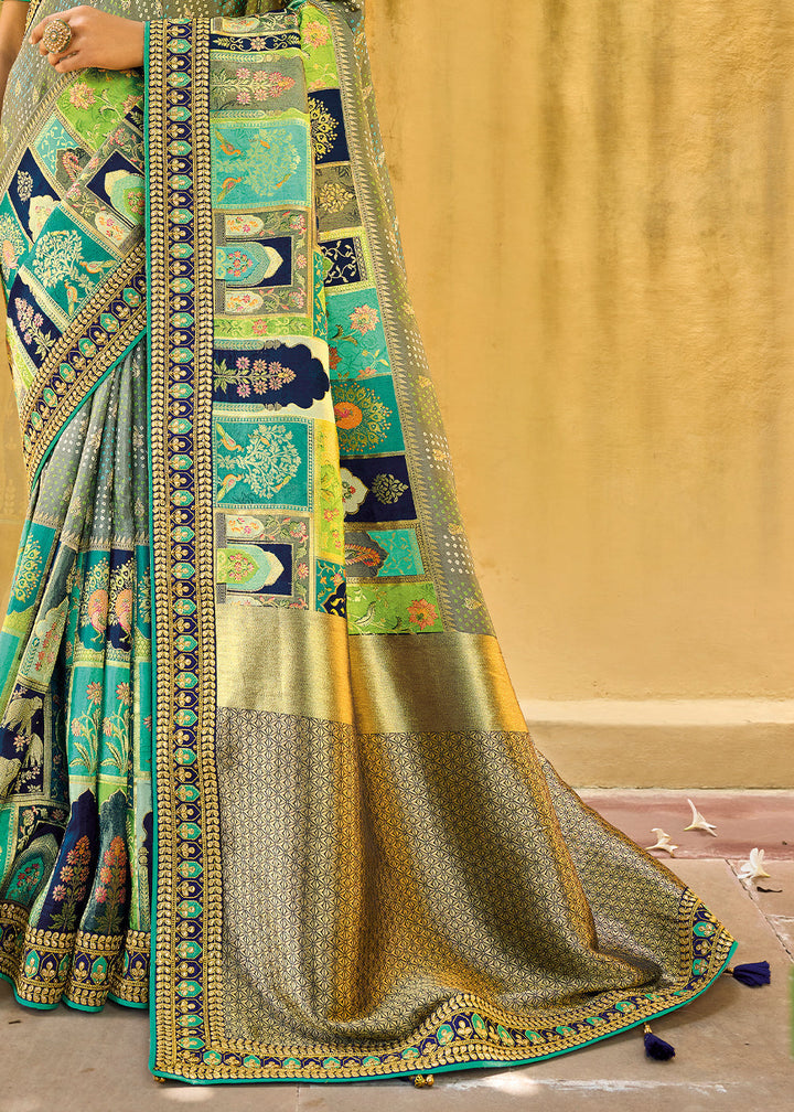 Multi Coloured Dola Silk Saree with Beautiful Embroidery work: Wedding Edition