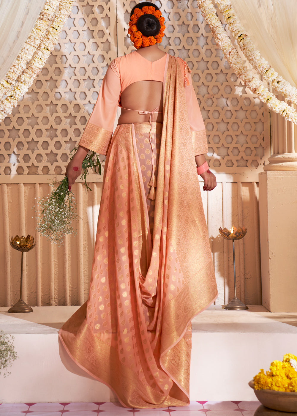 Coral Orange Woven Georgette Saree