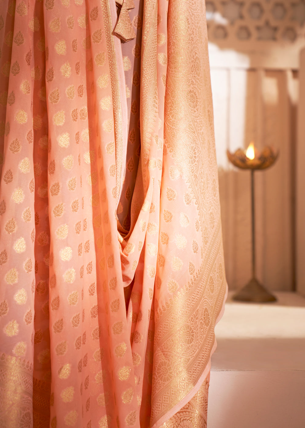 Coral Orange Woven Georgette Saree