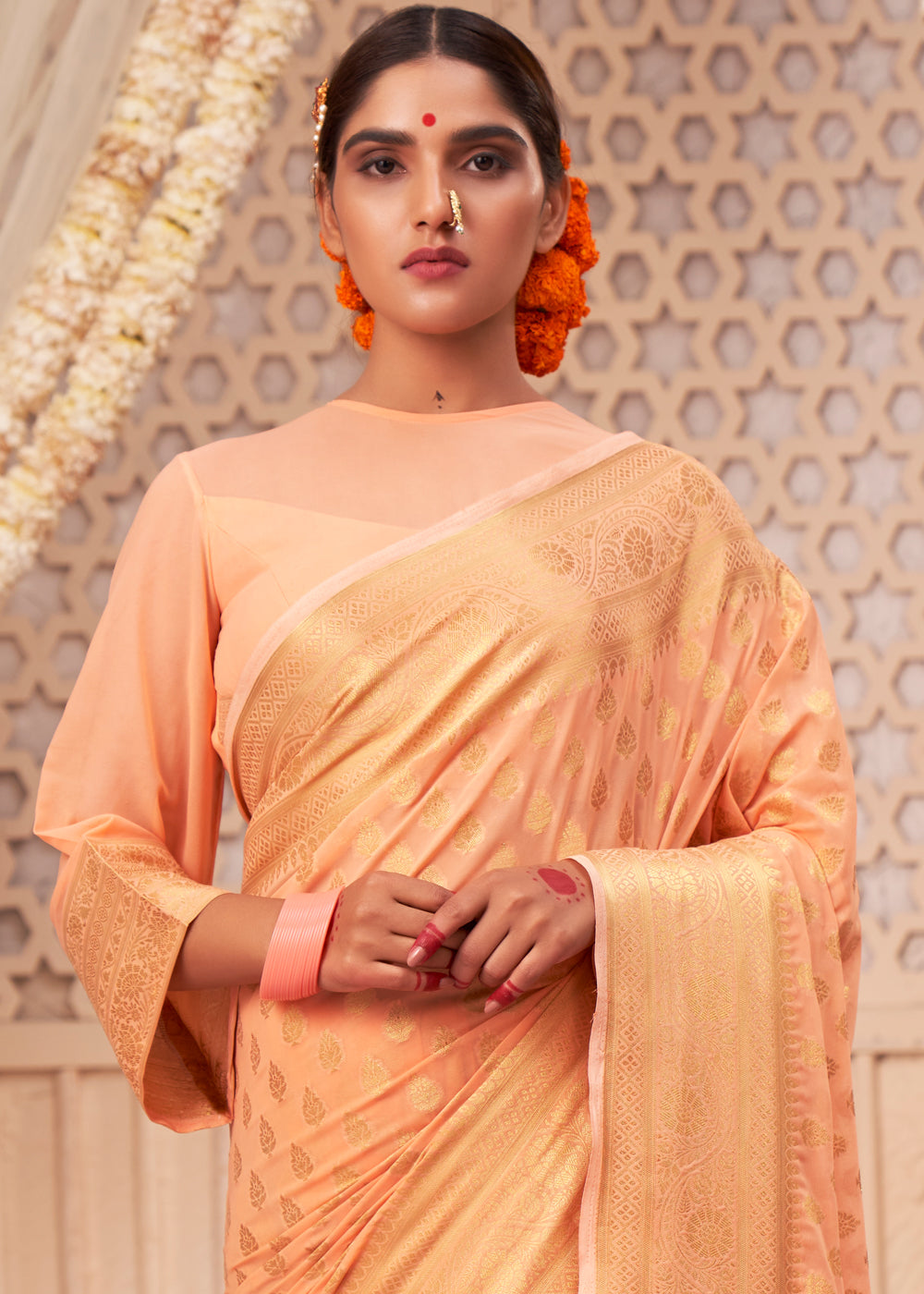 Coral Orange Woven Georgette Saree