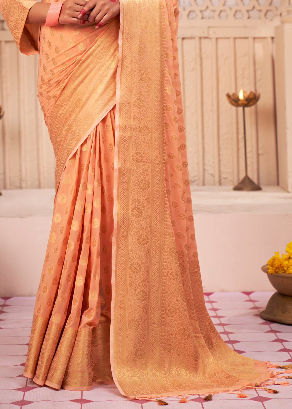 Coral Orange Woven Georgette Saree