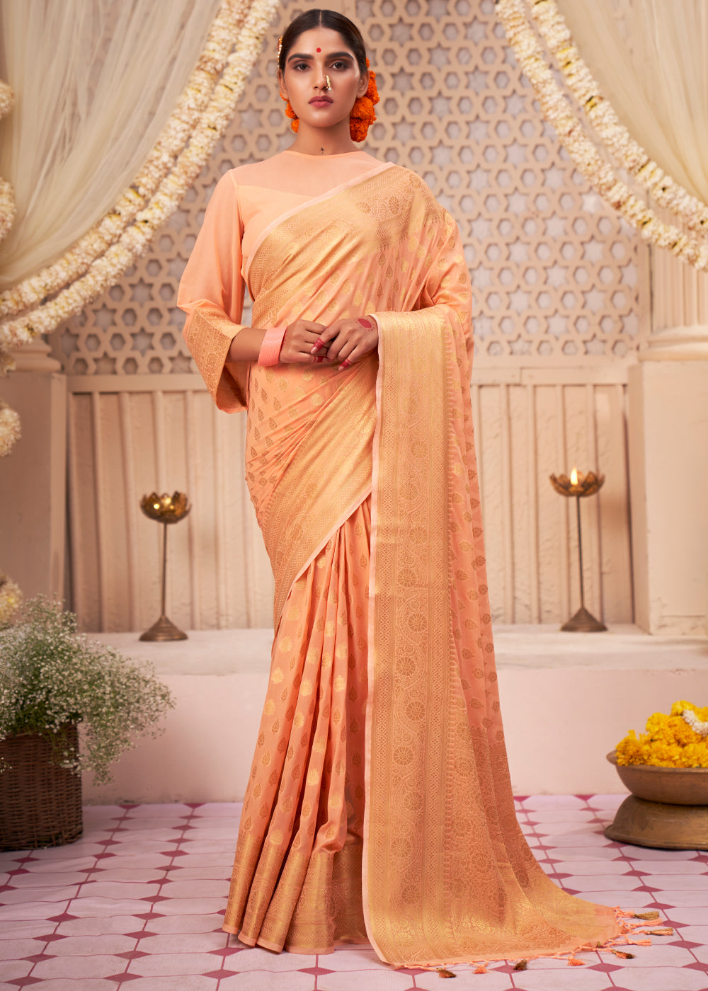 Coral Orange Woven Georgette Saree