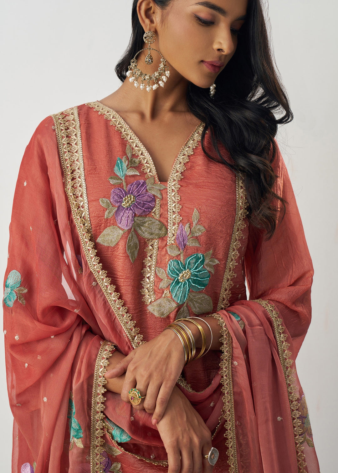 Vermillion Orange Silk Pant Suit With Chiffon Dupatta