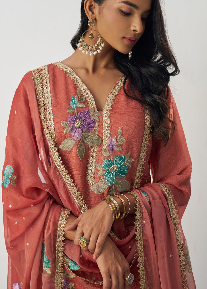 Vermillion Orange Silk Pant Suit With Chiffon Dupatta