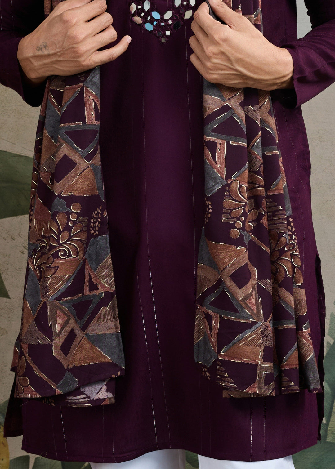 Purple Viscose Rayon Mens Kurta Set With Self Design Zari And Mirror Work