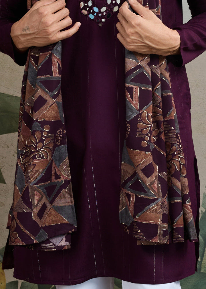 Purple Viscose Rayon Mens Kurta Set With Self Design Zari And Mirror Work