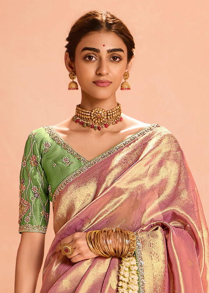 Rose Pink Zari Tissue Silk Saree With Weaving Work And Heavy Embroidery Lace : Top Pick