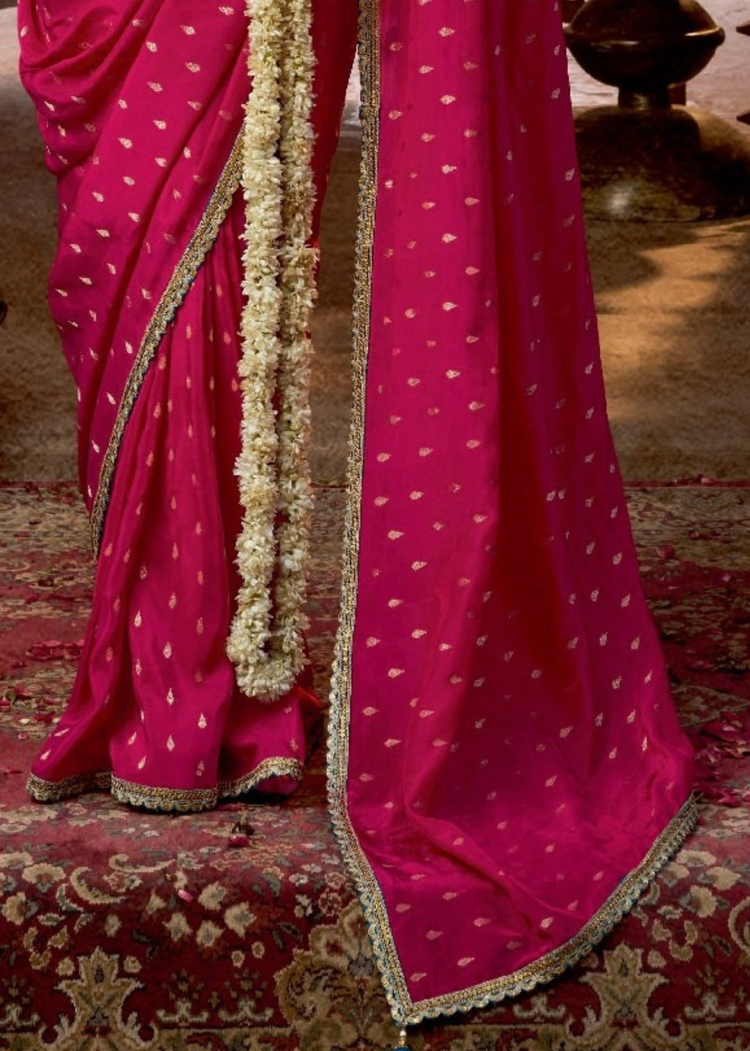 Red Pink Viscose Crepe Silk Saree