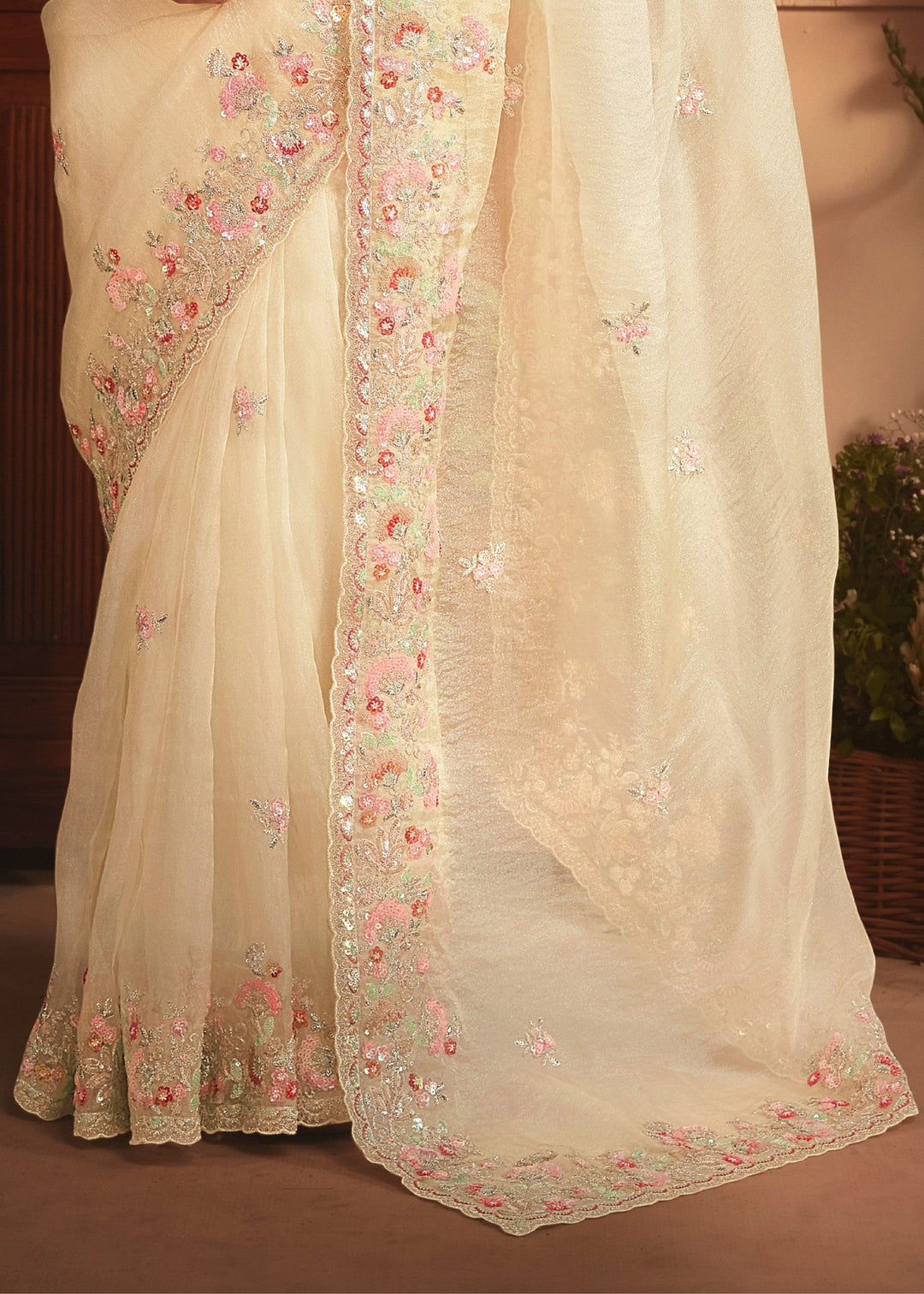 Ivory Tissue Organza Silk Saree