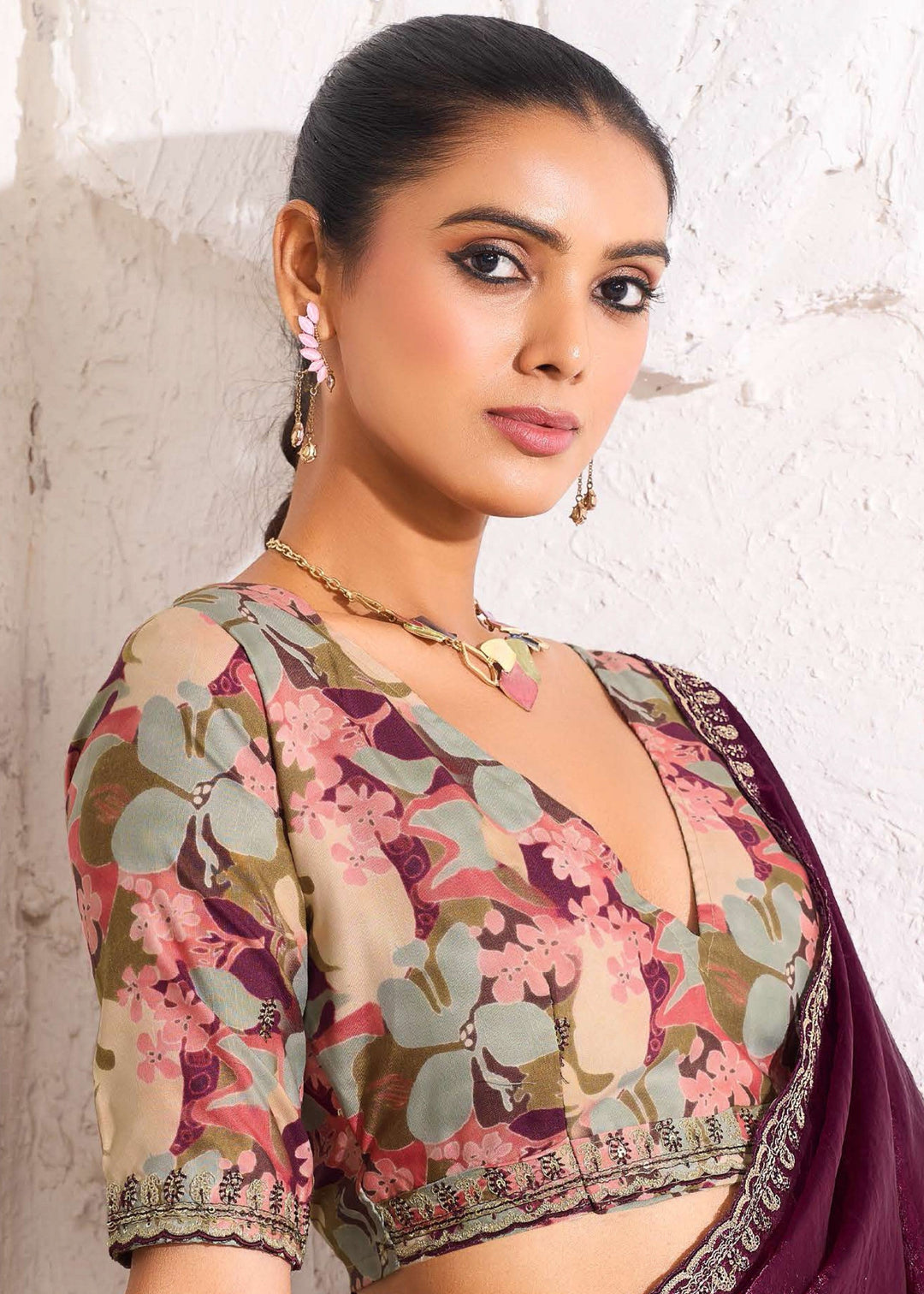 Wine Purple Gold Crush Tissue Silk Saree With Beautiful Blouse : Top Pick