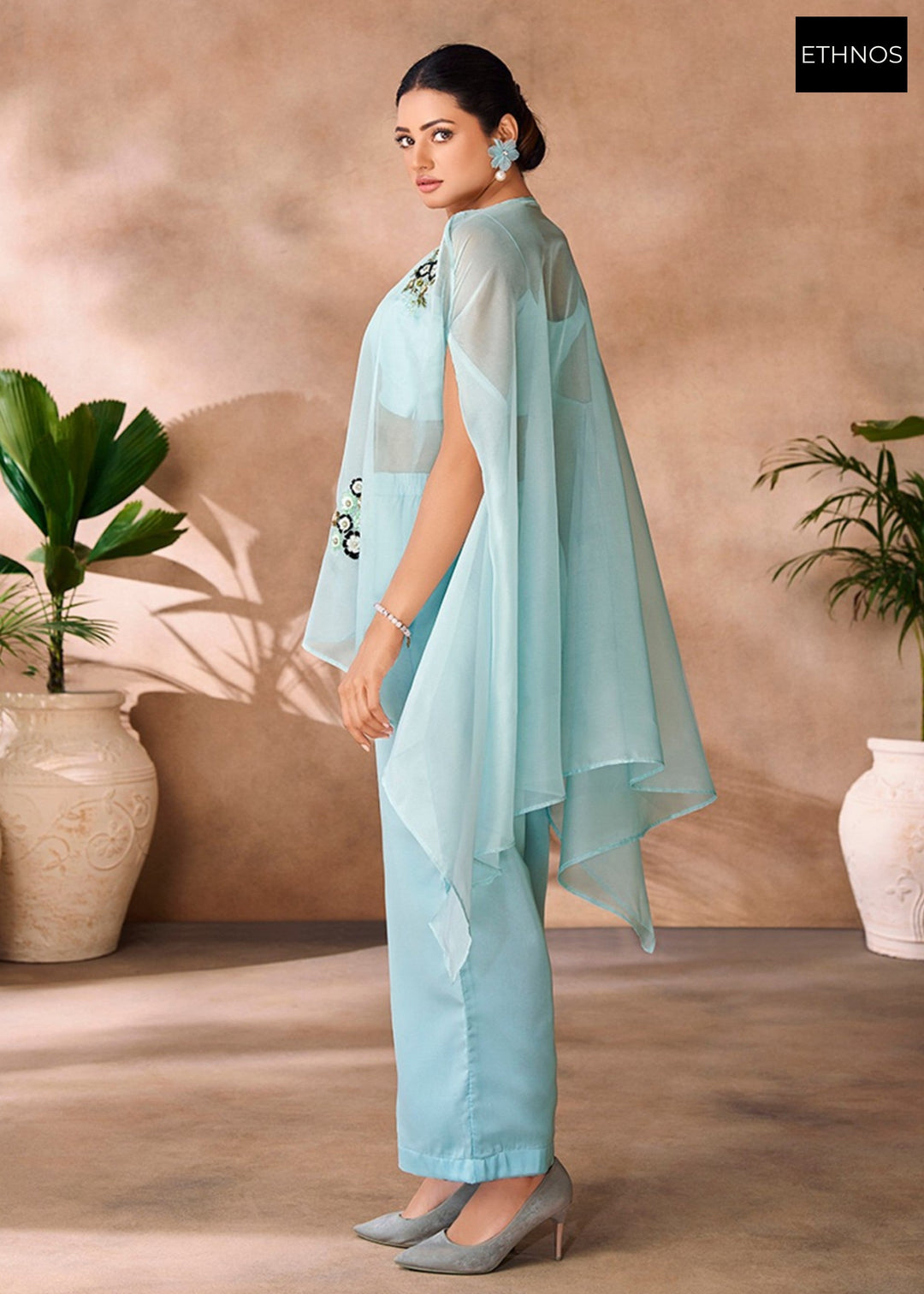 Aqua Blue Organza Handwork Co-ord Set