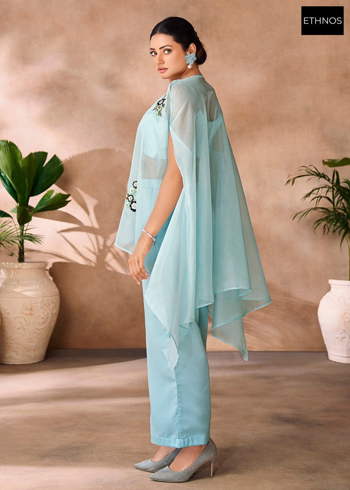 Aqua Blue Organza Handwork Co-ord Set