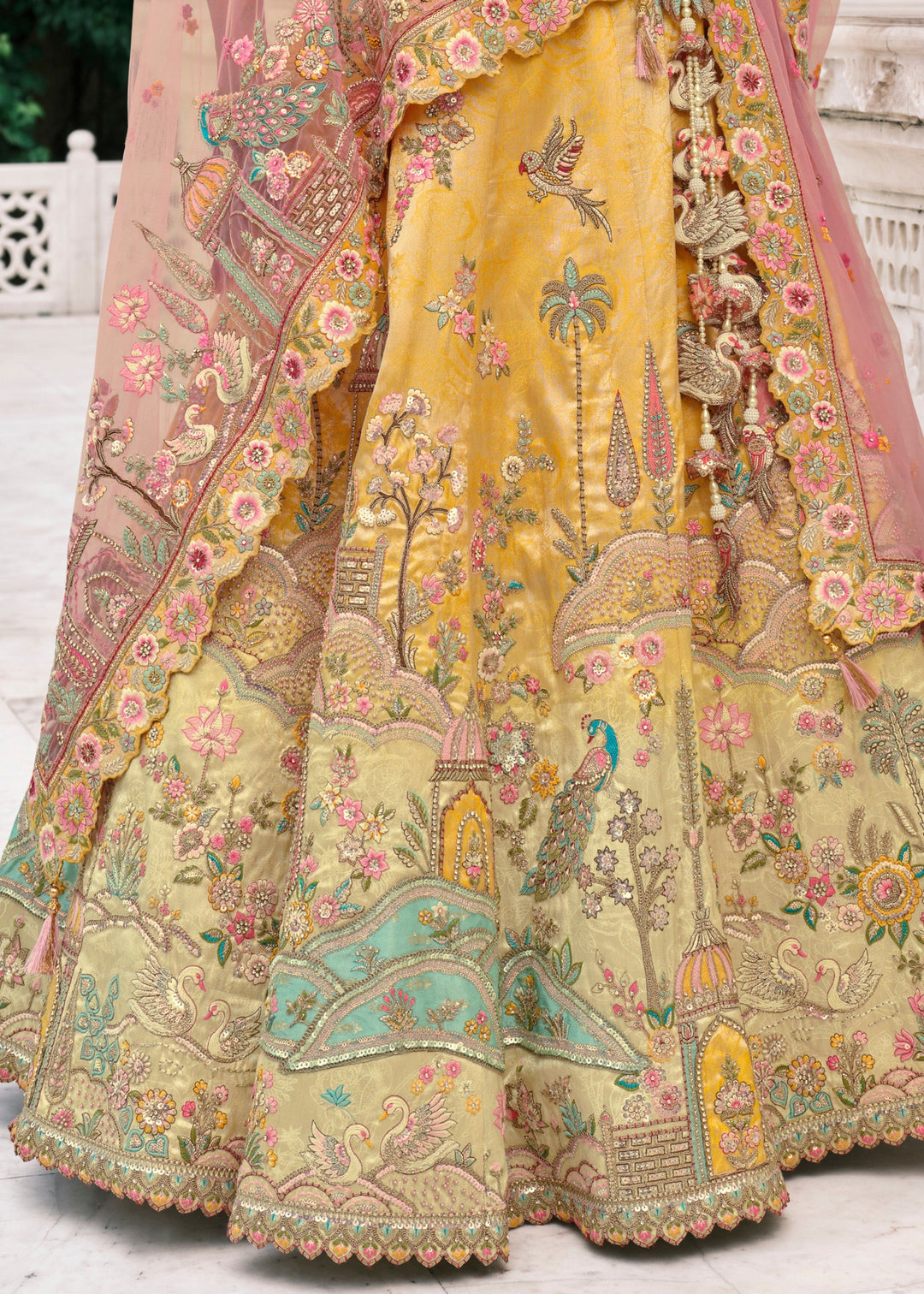 Corn Yellow Fancy Silk Lehenga Choli With Cut Work Embroidery Border & Stone Work