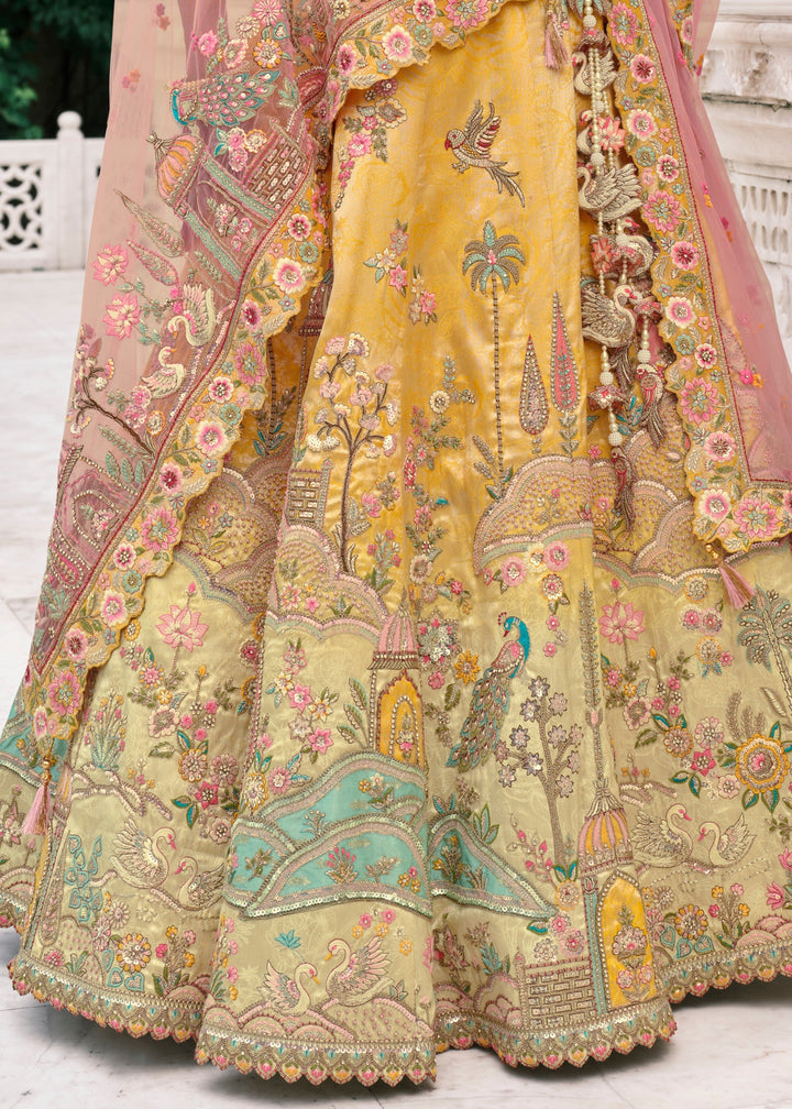 Corn Yellow Fancy Silk Lehenga Choli With Cut Work Embroidery Border & Stone Work