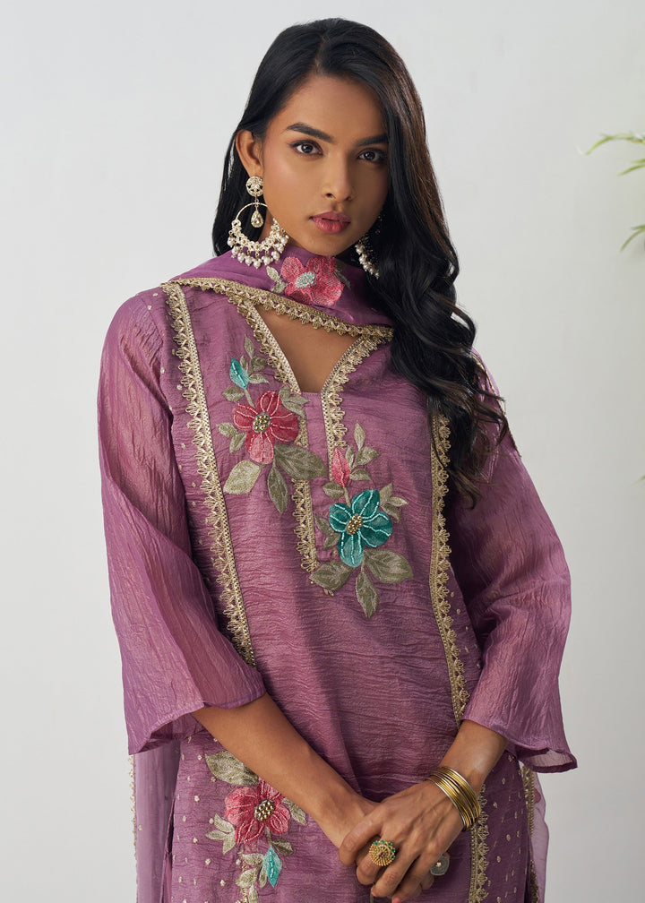Purple Silk Pant Suit With Chiffon Dupatta