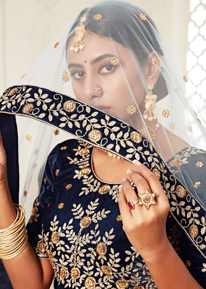 Navy Blue Velvet Lehenga With Zari & Thread embroidery With Diamond Work