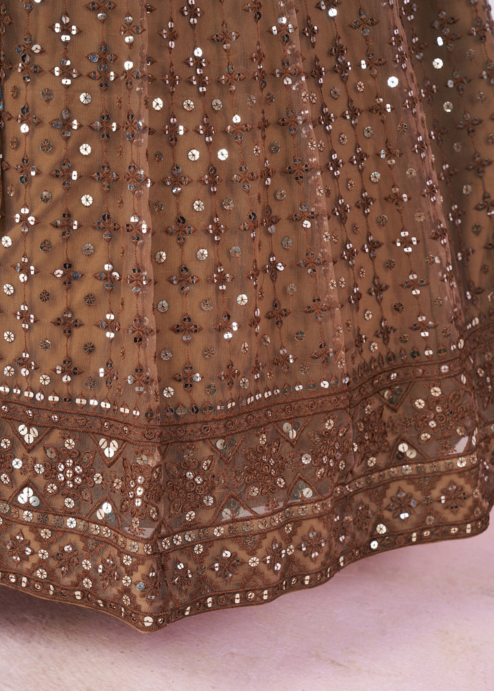 Cinnamon Brown Net Lehenga Choli With Sequins And Thread Embroidery Work