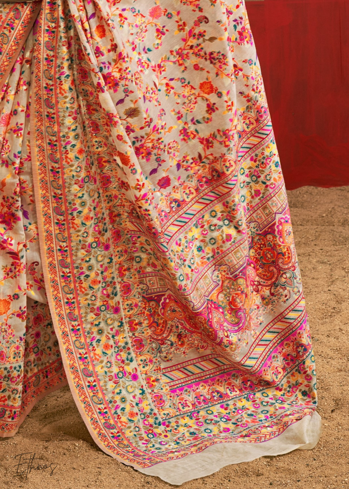 Soft Ivory Peach with Multicolour Kashmiri Floral Weave Saree