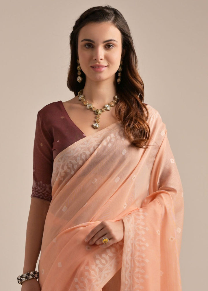 Peach Thread Butti Muga Cotton Saree