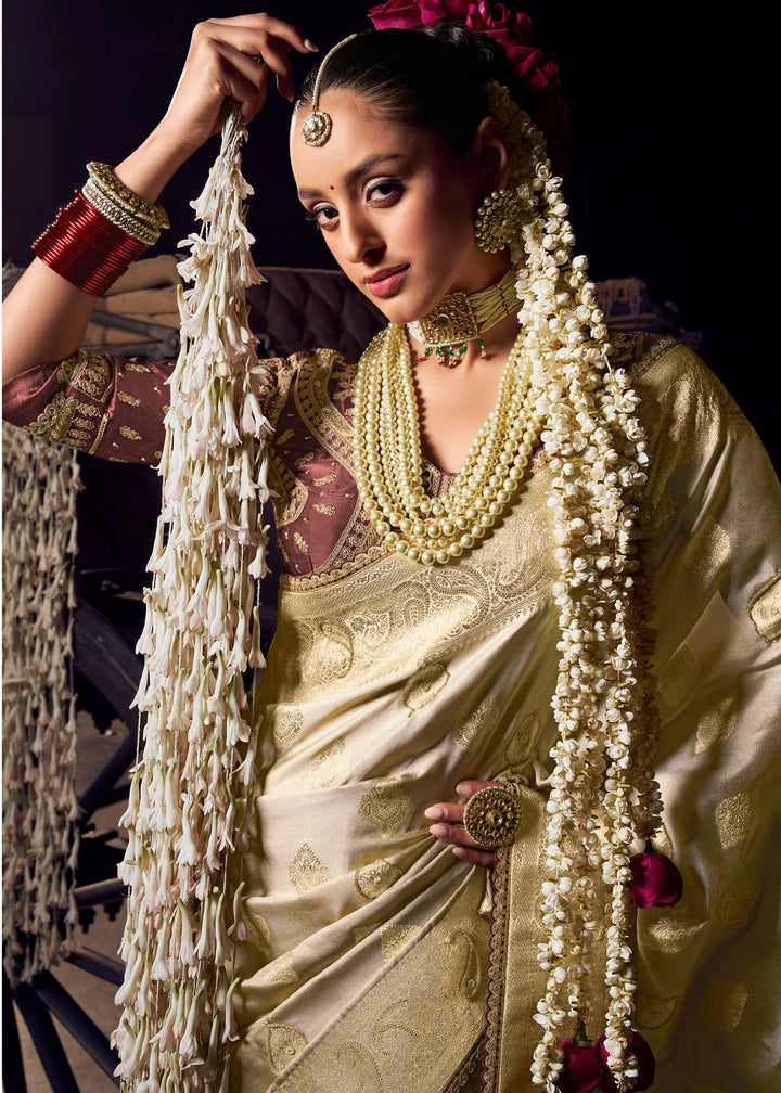 Pearl White Viscose Tissue Silk Saree