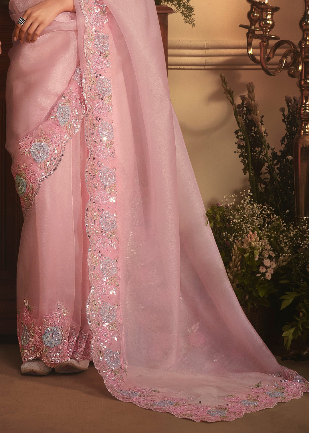 Baby Pink Tissue Organza Silk Saree