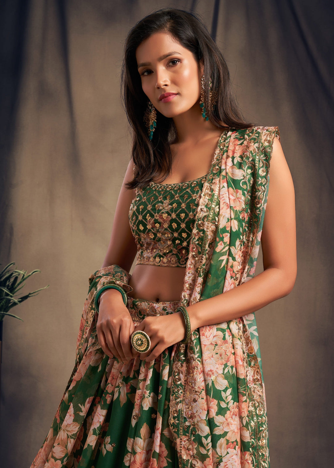 Green Organza Lehenga with Dupatta