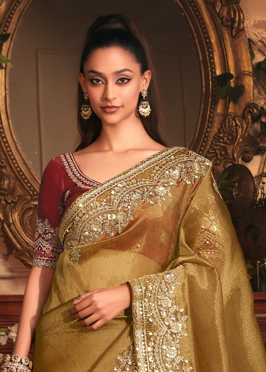 Olive Green Tissue Organza Silk Saree