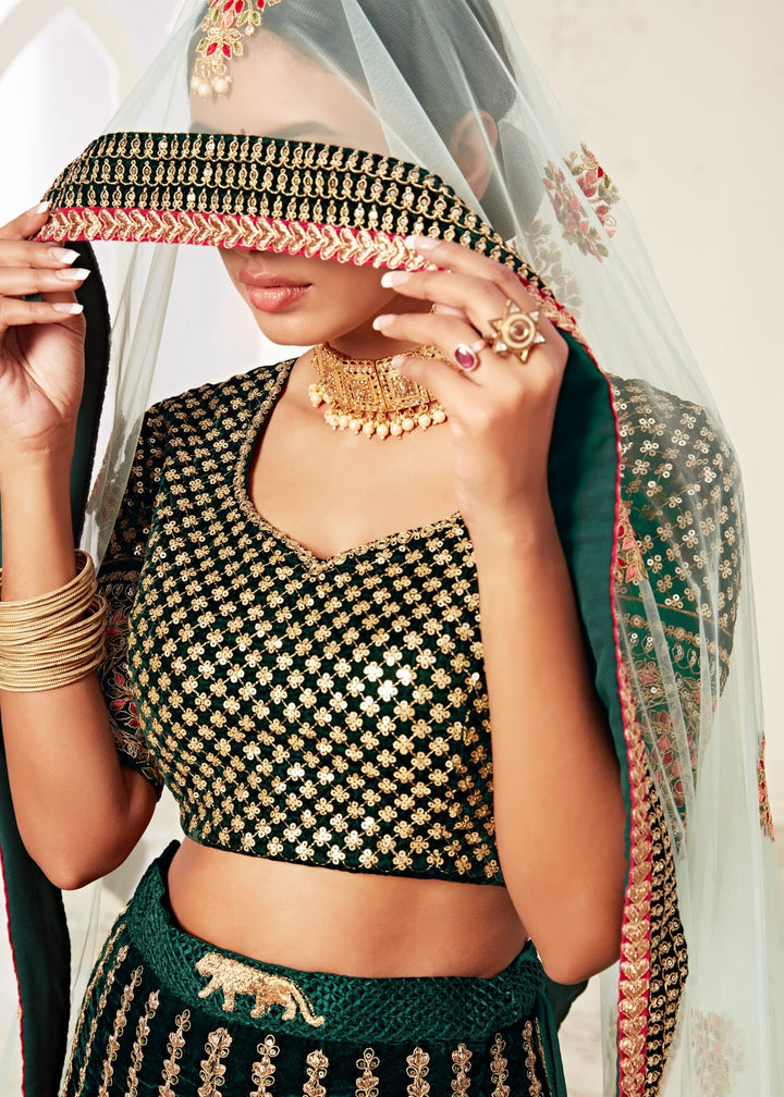 Green Velvet With Zari & Thread embroidery With Diamond Work Bridal Lehenga