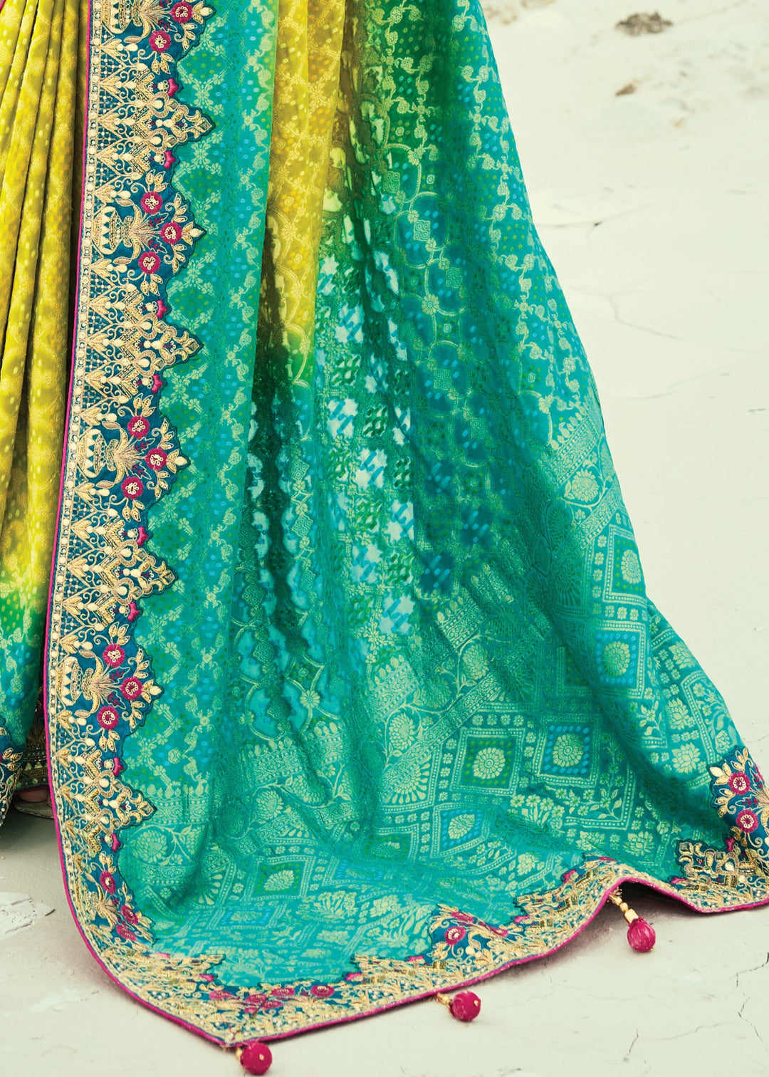 Turquoise Blue & Yellow Georgette Bandhej Saree