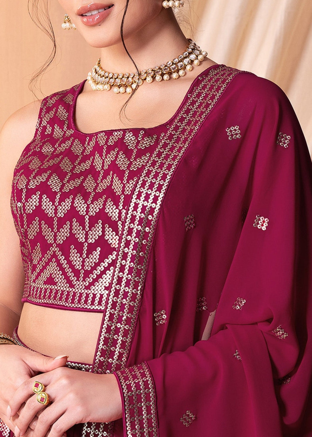 Ruby Pink Georgette Lehenga Choli With Sequins And Thread Embroidery Work