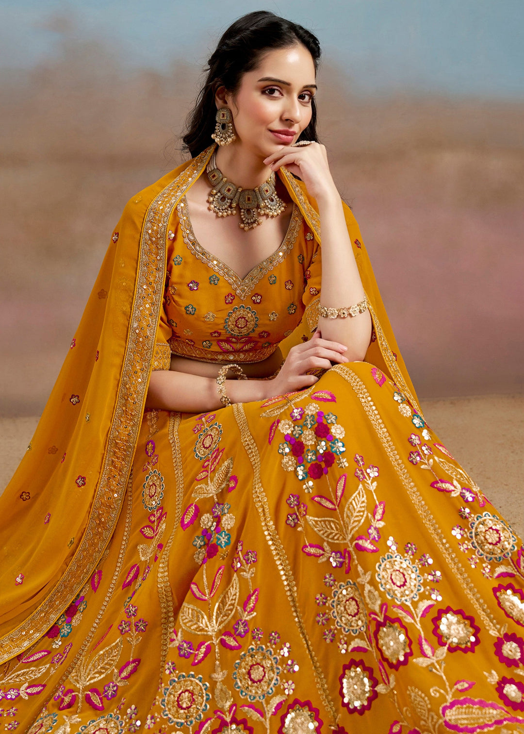Yellow Georgette Lehenga With Dupatta