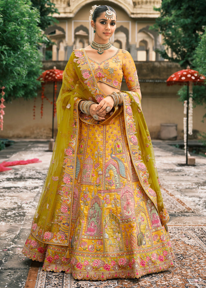 Yellow & Green Fancy Silk Lehenga Choli With Cut Work Embroidery Border & Stone Work